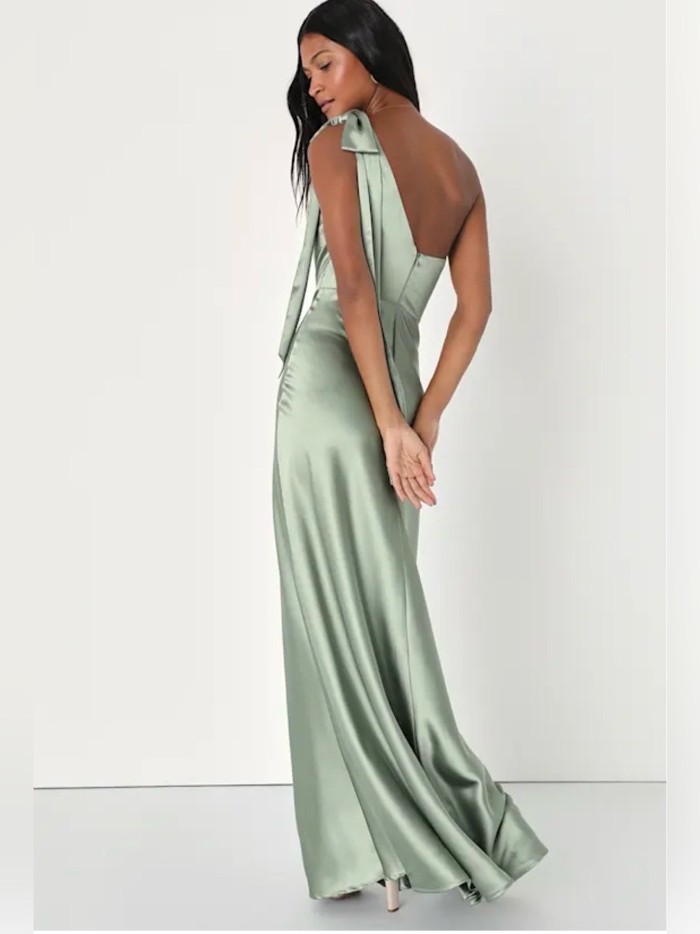 Lulus Lovely Refinement Sage Green Satin Cutout One-Shoulder Maxi Dress Size XS - Picture 3 of 7